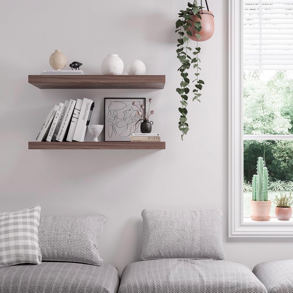 Floating Shelf, Set of 2 Wall Shelf, 36 in W x 12.75 in D x 2 in H Wooden Floating Wall Shelf with Invisible Brackets for Living Room/Bedroom/Bathroom/Kitchen Storage and Decor, Walnut
