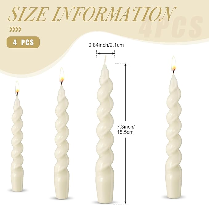 Zhengmy 4 Pcs White Spiral Taper Candle 7 Inch Twisted Long Wax Dinner Candlestick for Fall Halloween Christmas Holiday Valentines Wedding Birthday Baby Shower Table Decor (Solid)