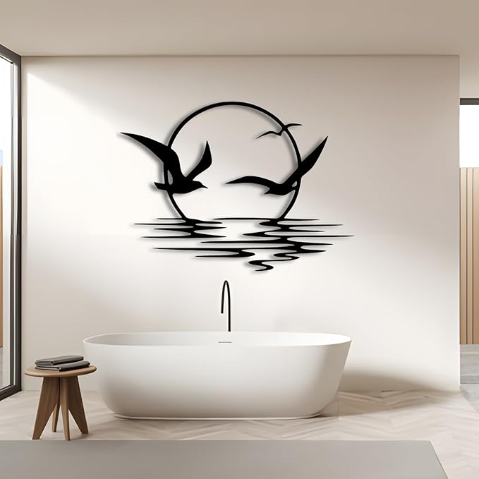 kuestboy Metal Wall Art of Sunrise and Seagulls, Modern Coastal Sculpture for Living Room, Bedroom, Office Decor，Black Wall Decor (41" X 30" | 105X76cm)