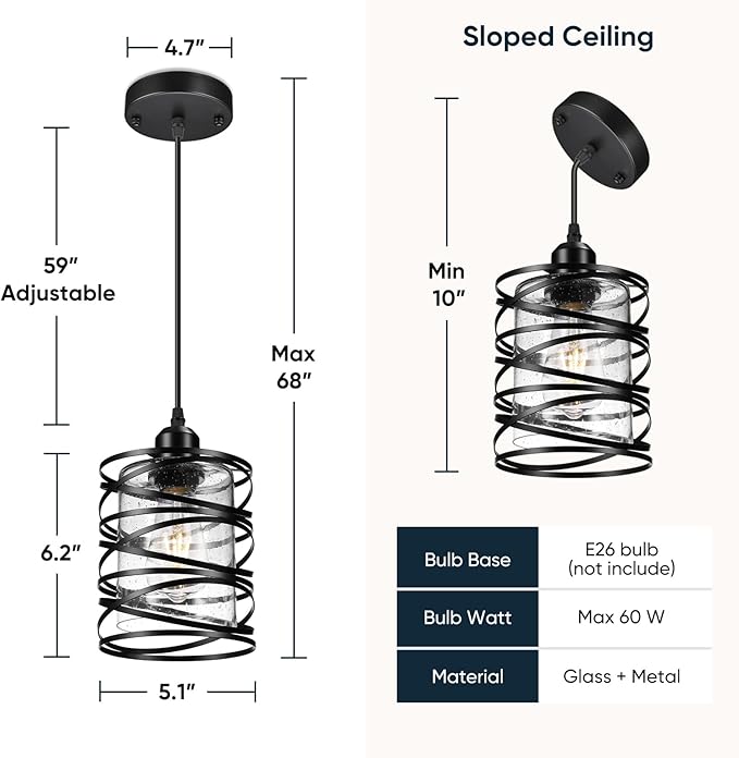 Pendant Lights Kitchen Island, Modern Black Farmhouse Hanging Light with Bubble Seeded Glass, 2 Pack Pendant Lighting with Adjustable Height for Dining Room, Bedroom, Living Room, Hallway