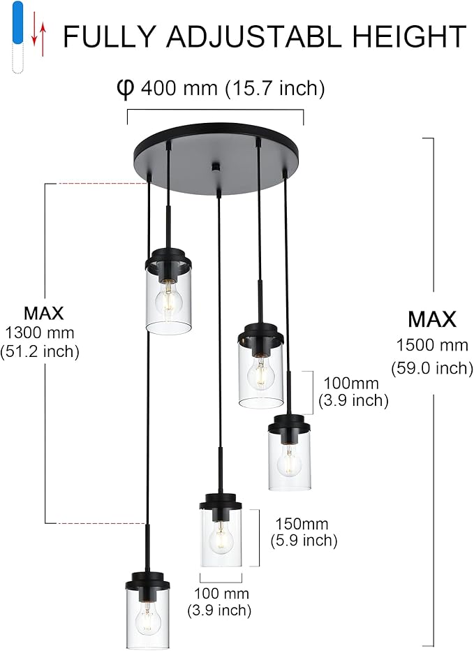 MELUCEE 5-Light Pendant Light Fixtures Ceiling Hanging Cluster Chandelier Black with Clear Glass Shade, Modern Pendant Lighting for Kitchen Island Dining Room Living Room