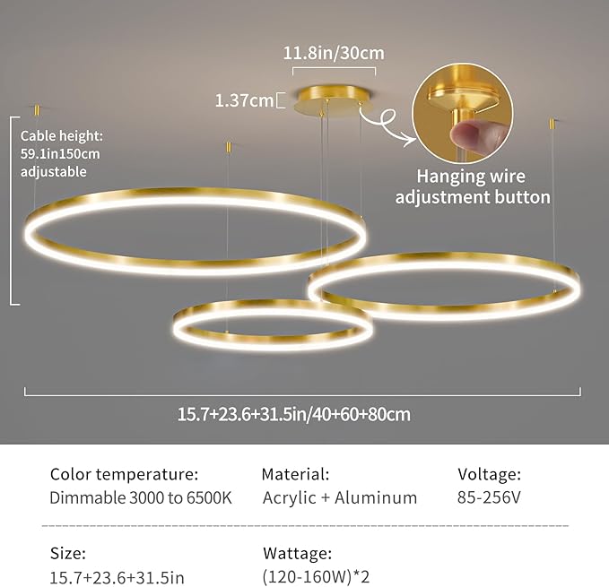 Gold LED Modern Chandelier, 3-Ring Pendant Light Fixture, Dimmable 3000K-6500K, Adjustable Hanging Ceiling Light Over Table for Dining Room, Kitchen Island, Living Room, Bedroom, Entryway
