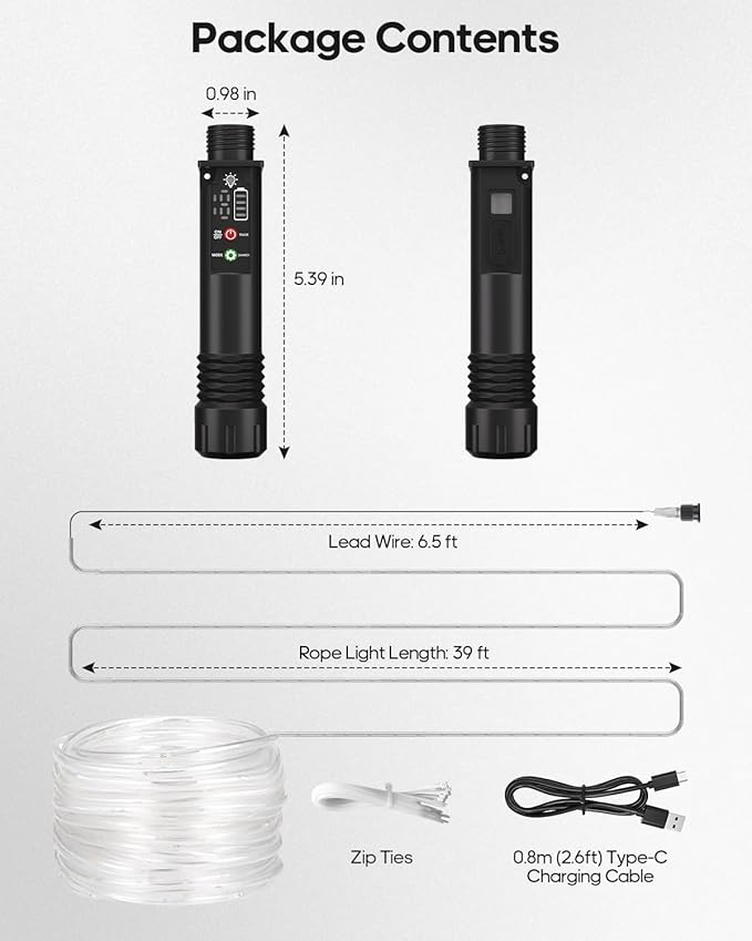 Rechargeable Rope Lights, Outdoor Waterproof String Lights with 1200mah Portable Rechargeable Battery, Timing & 8 Modes for Party Christmas Camping DIY Tree Trampoline (Multi-Colored, 39FT)