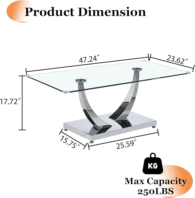 47" Glass Coffee Table, Modern Rectangular Center Table with Tempered Glass Top and Silver Horn-Shaped Stainless Steel Base for Apartment, Office