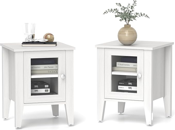 Bonzy Home Modern Night Stands Set of 2, End Table with Acrylic Door, Wooden Side Table with Storage, Bedside Tables for Bedroom, Living Room, Small Spaces, White