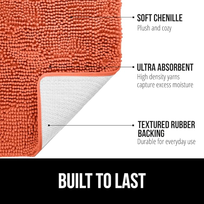 GORILLA GRIP Plush Absorbent Shaggy Chenille Bath Rug Mat for Oval Toilet Base with Rubber Backing, Machine Washable Rugs, Soft Microfiber Contour Mats for Toilets, Bathroom Decor, Coral