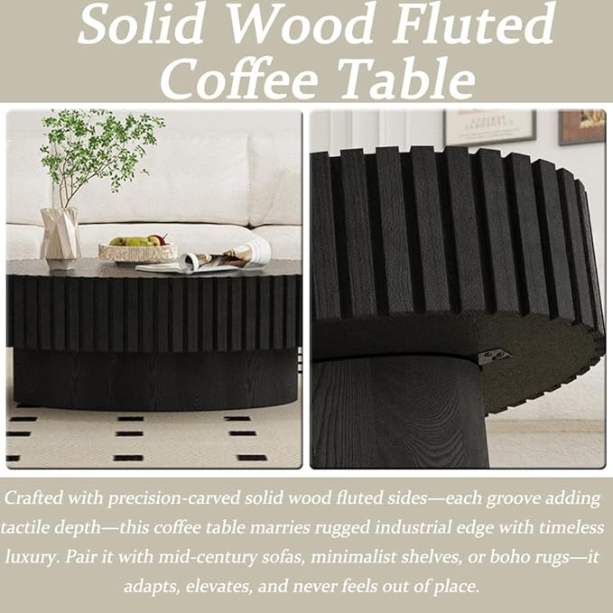 43.3” Oval Coffee Table Modern Fluted Coffee Table Handcrafted Relief Center Table with Sturdy Pedestal Mid Century Modern Center Table Tea Table for Living Room Apartment (Black)