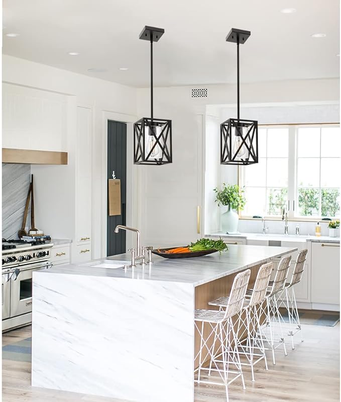 Farmhouse Pendant Light Fixture, 1-Light Industrial Dining Room Chandelier Hanging Ceiling Lighting with Seeded Glass, Black Rustic Kitchen Island Lights for Foyer Living Room
