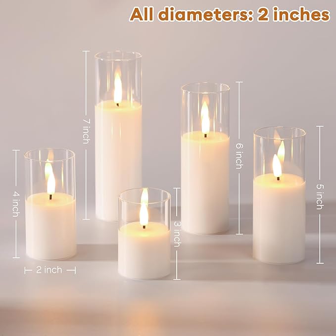 Clear Glass Flameless Candles with Remote Batteries, Flickering Slim LED Pillar Candles Set of 5