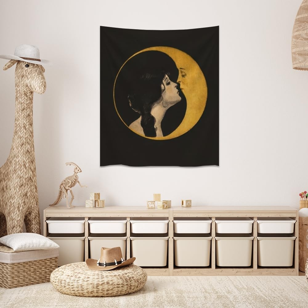 Dark Academia Woman Kissing Moon Art Tapestry Gothic Aesthetic Wall Hanging Witchy Picture Print Moon Goddess Tapestries Wall Decor for Living Room Bedroom Dorm 30x40inch