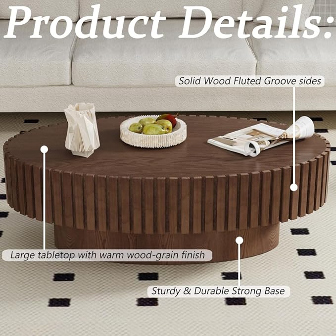 43.3” Oval Coffee Table Modern Fluted Coffee Table Handcrafted Relief Center Table with Sturdy Pedestal Mid Century Modern Center Table Tea Table for Living Room Apartment (Dark Brown)