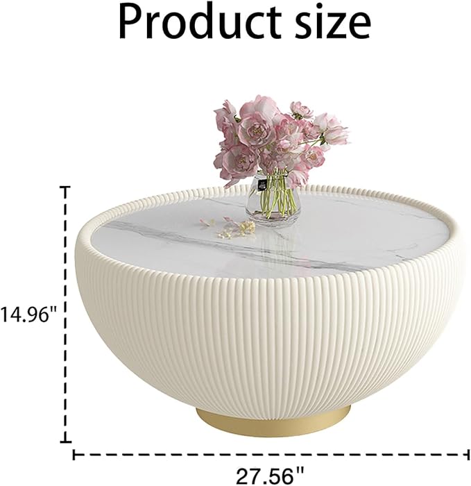 27.55" White Round Coffee Table, Drum Coffee Table with Sintered Stone Tabletop and Fluted PU Leather Covered and Metal Base, Circle Cocktail Tea Table for Living Room