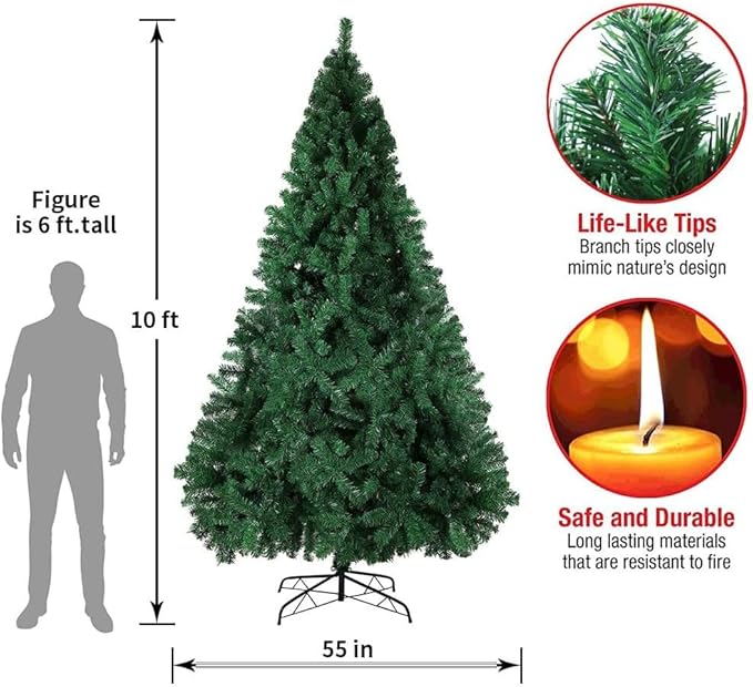 PLKO 10FT Artificial Holiday Christmas Tree，Artificial Christmas Tree Xmas Pine Tree with Stand and Soft Green Branch for Holiday Indoor Outdoor,2100Tips(Green)