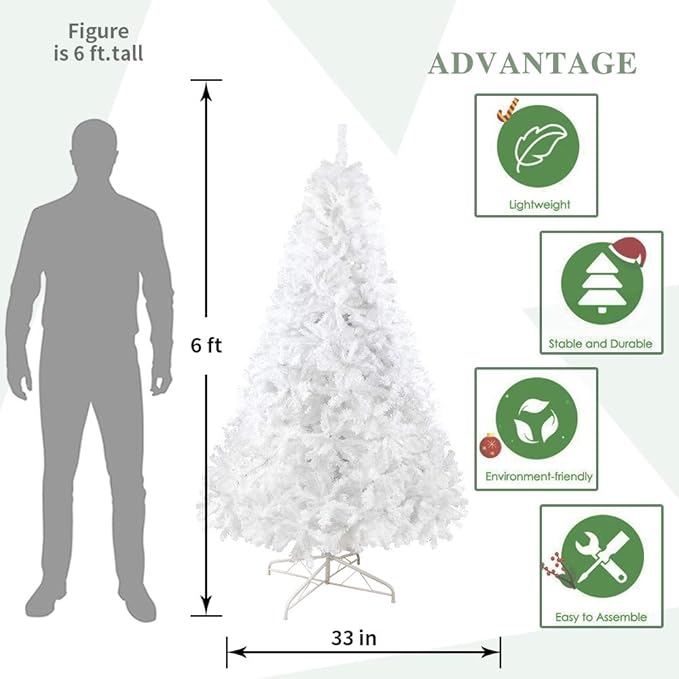 BESTHLS 6 feet White Christmas Tree Artificial Christmas Pine Tree for Holiday Decoration with Metal Stand and 800 Branch Tips White