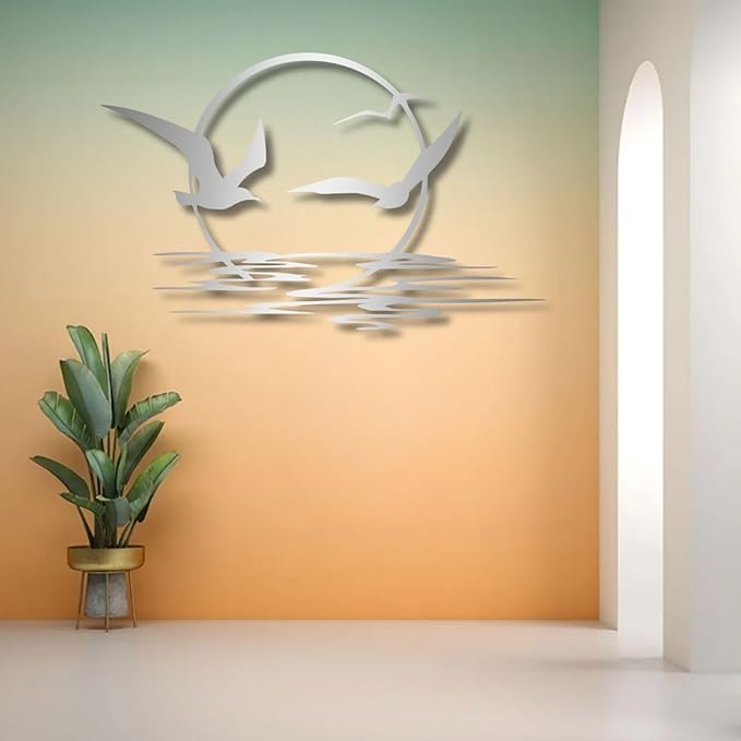 Sunrise and Birds Metal Wall Art,Seagulls Metal Wall Decor,Home Decor, Housewarming Gift (53"x32"/135x83cm, Silver)