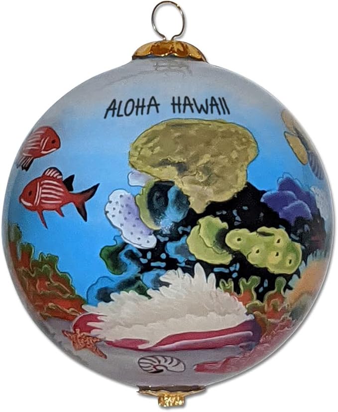 Collectible Glass Hawaiian Ornament with Fish, Corals and Sea Turtle Hand-Painted with Gift Box FCH/H