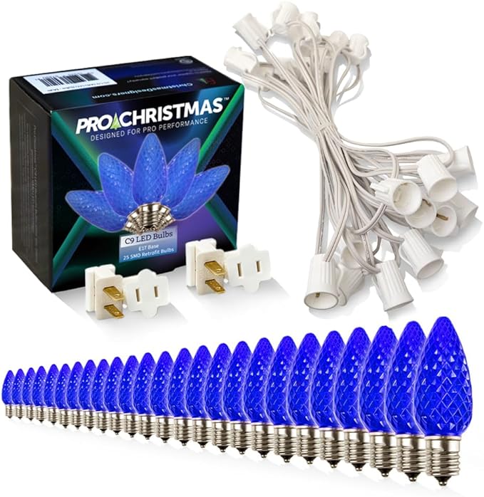 Pro Christmas C9 LED Christmas Light Kit for Rooflines & Pathways – DIY Cut to Length, Outdoor Commercial Grade (White Wire w/Vampire Plugs, 25 Bulbs, 25 ft) Blue