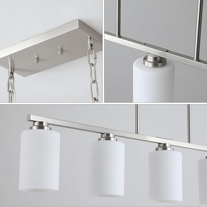 Island Light for Kitchen, Brushed Nickel Dining Room Light Fixture Over Table with Milk Glass Shade, 5-Light Linear Chandelier Pendant Lighting for Dining Table Kitchen Island Living Room