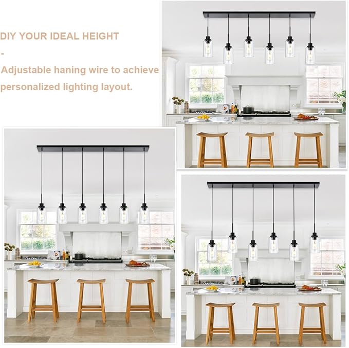 6-Lights Pendant Light Fixtures Ceiling, Modern Black Adjustable Hanging Lamp with Clear Glass Shades, Dining Room Kitchen Island Lighting E26 Bulb Base