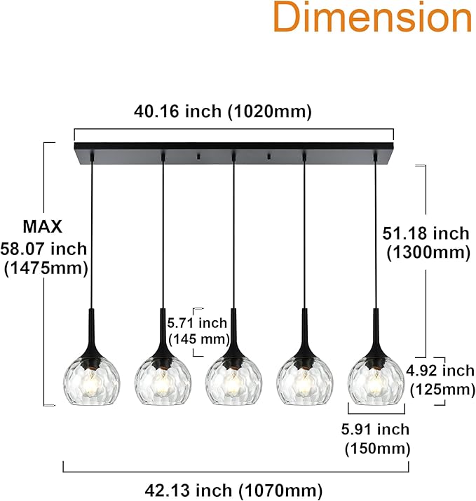 VINLUZ 5-Light Hanging Pendant Kitchen Island Light in Classic Black Finish with Ribbed Glass Shades, Modern Chandelier for Dining Room & Hallway