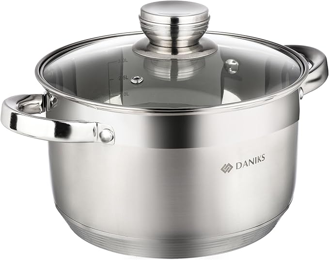 Daniks Standard 4 Quart Stainless Steel Stock Pot with Glass Lid, Try-Ply Bottom for Even Heating, Induction Compatible, Dishwasher Safe, Built-In Measuring Scale, Silver