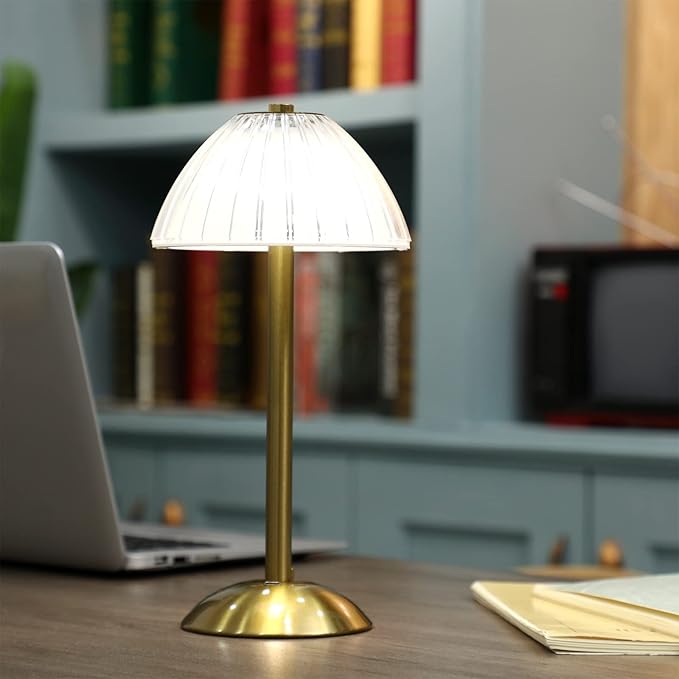 Liliful 1 Pcs Cordless Table Lamp Rechargeable Touch LED Small Gold Portable Battery Operated USB-c Desk Lamp 3 Color Dimmable for Bedroom Living Room Dining (Gold,Mushroom Style)
