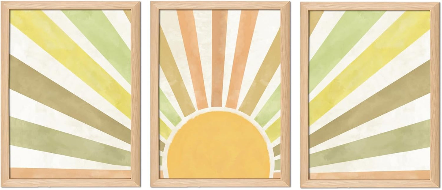 Wooden Framed Boho Sun Wall Art Set of 3 Abstract Sunshine Canvas Prints Morden Bohemian Posters Neutral Home Decor Minimalist Geometric Line Painting Picture for Living Room Bedroom16x24in