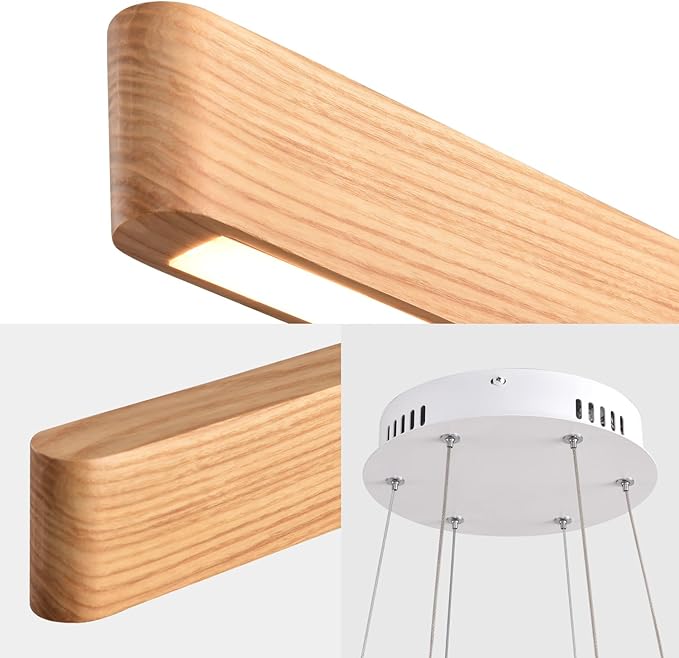 3-Light Solid Wood Natural Linear Pendant Light Modern LED Pendant Light Dimmable Chandelier for Dining Room Table Kitchen Island Living Room Ceiling - 45W Warm Light Adjustable Hanging Fixture