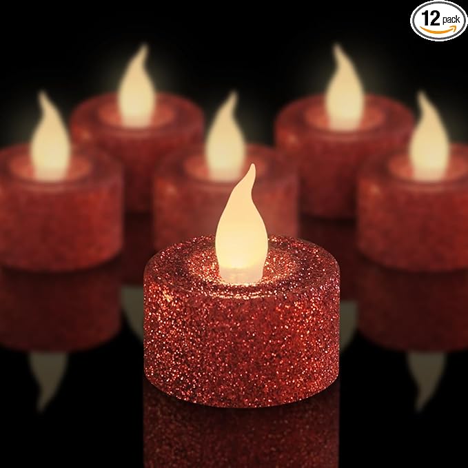FURORA LIGHTING Red Glitter LED Tealight Candles Pack of 12, Flameless Flickering Tealight Candles for Home Décor, 1.5’’(W) x 1.65’’(H), Battery Operated