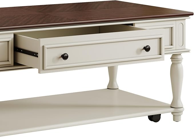 Polibi Coffee Table with Large Storage Drawer, Retro Movable Rectangular Cocktail Table with 4 Caster Wheels for Livingroom, Easy Assembly (Walnut+White)