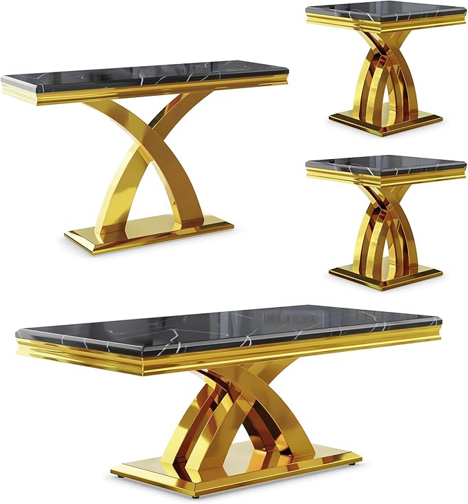 AUZ 4 Pieces Black Gold Living Room Table Set Coffee Table Set with X-Shape Design Polished Stainless Steel Frame