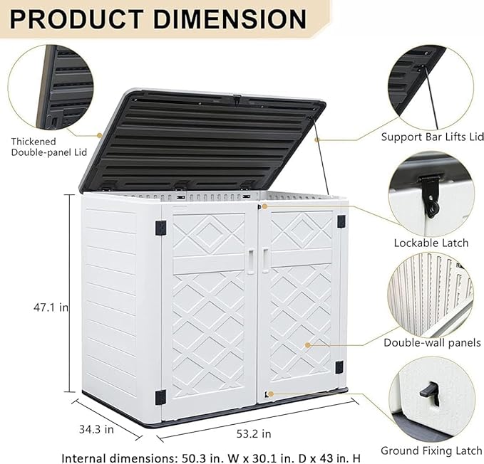 KINYING Larger Outdoor Storage Shed Weather Resistance, Horizontal Outdoor Storage Box Waterproof for Garden, Patios, Backyards, 48 Cu.ft Capacity for Garbage Cans, Lawn Mower, Garden Tools