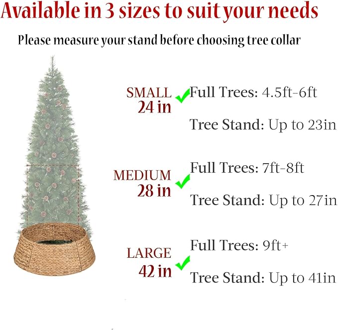 KOLWOVEN 28in Christmas Tree Collar Large to Small Christmas Tree, Woven Christmas Tree Ring Adjustable Skirt, Christmas Tree Skirt for Decoration, Base Protection from Pets (Water Hyacinth)