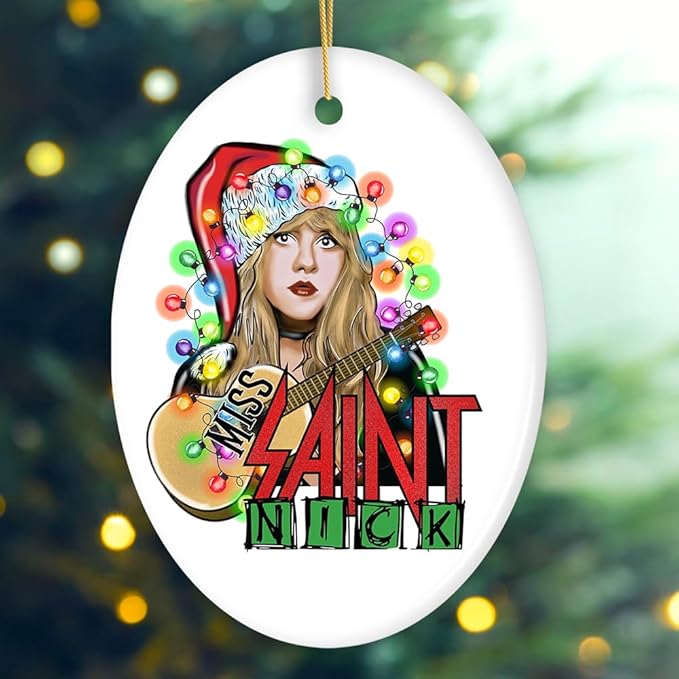 Miss Saint Nick Bohemian Christmas Ornament, Poetic Guitarist Feminine Rock Theme