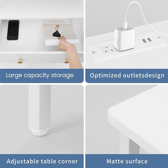 3 Wooden Drawers Night Stand, 27 Inch Wide Nightstand with Charging Station and Adjustable Drawers, Small Dresser for Closet, Bedside Table for Living Room/Bedroom/Office, White.