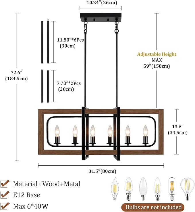 Farmhouse Dining Room Light Fixtures Over Table, 6-Light Rustic Wood Chandeliers Rectangle Kitchen Island Lighting Hanging Pendant Lights Kitchen Chandelier Adjustable Height