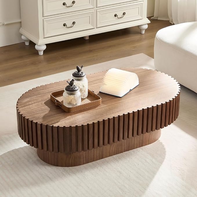 WILLIAMSPACE 43.7" Walnut Oval Coffee Table, Mid Century Modern Luxury Wood Drum Center Table for Living Room, Handcraft Accent Side Table for Apartment, 43.7"*24.8"*13.78"H (Walnut)