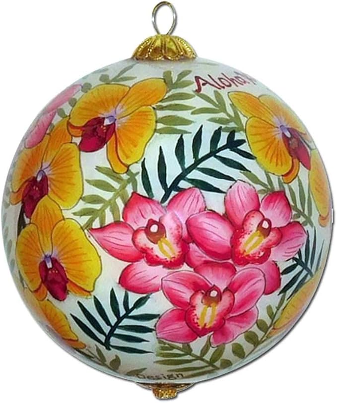 Lovely Hawaiian Orchid Ornament Collectible Hand-Painted Glass with Gift Box LO/K
