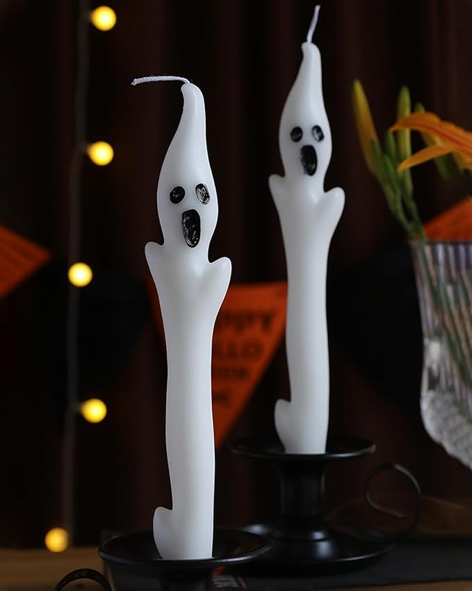 10inch Ghost Taper Candles White Tall Taper Candle with Decorative Candlestick for Halloween Table Decorations,Set of 2