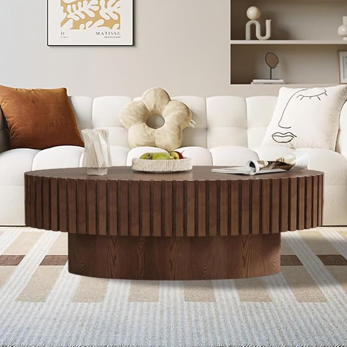 Oval Drum Coffee Table 43.3" Wooden Coffee Tables Modern Handcrafted Fluted Drum Center Table Farmhouse Tea Table with Pedestal for Living Room Small Space,Oval Brown 43.3"
