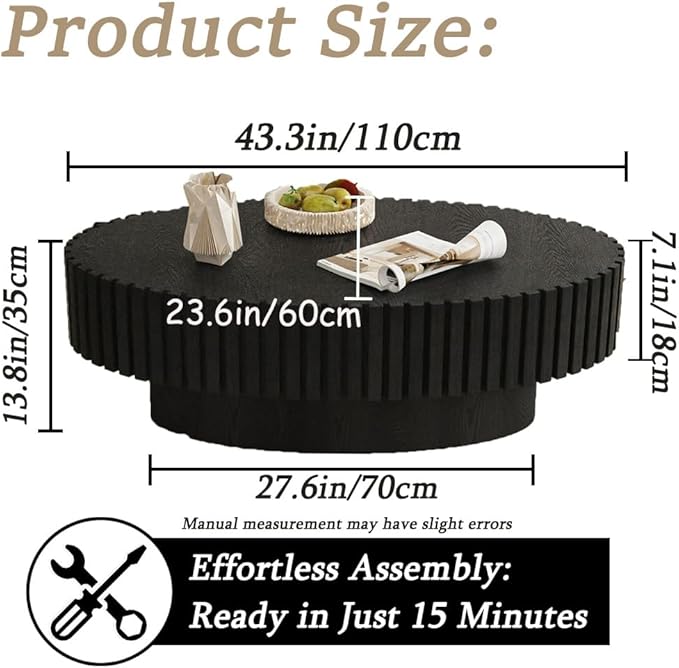 43.3” Oval Coffee Table Modern Fluted Coffee Table Handcrafted Relief Center Table with Sturdy Pedestal Mid Century Modern Center Table Tea Table for Living Room Apartment (Black)