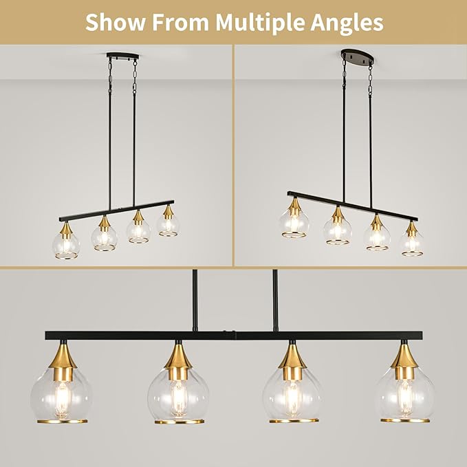 Island Light for Kitchen, 4-Light Black and Gold Kitchen Island Farmhouse Linear Hanging Pendant Chandeliers, Matte Black Dining Room Light Fixture Over Table with Clear Round Glass Shades