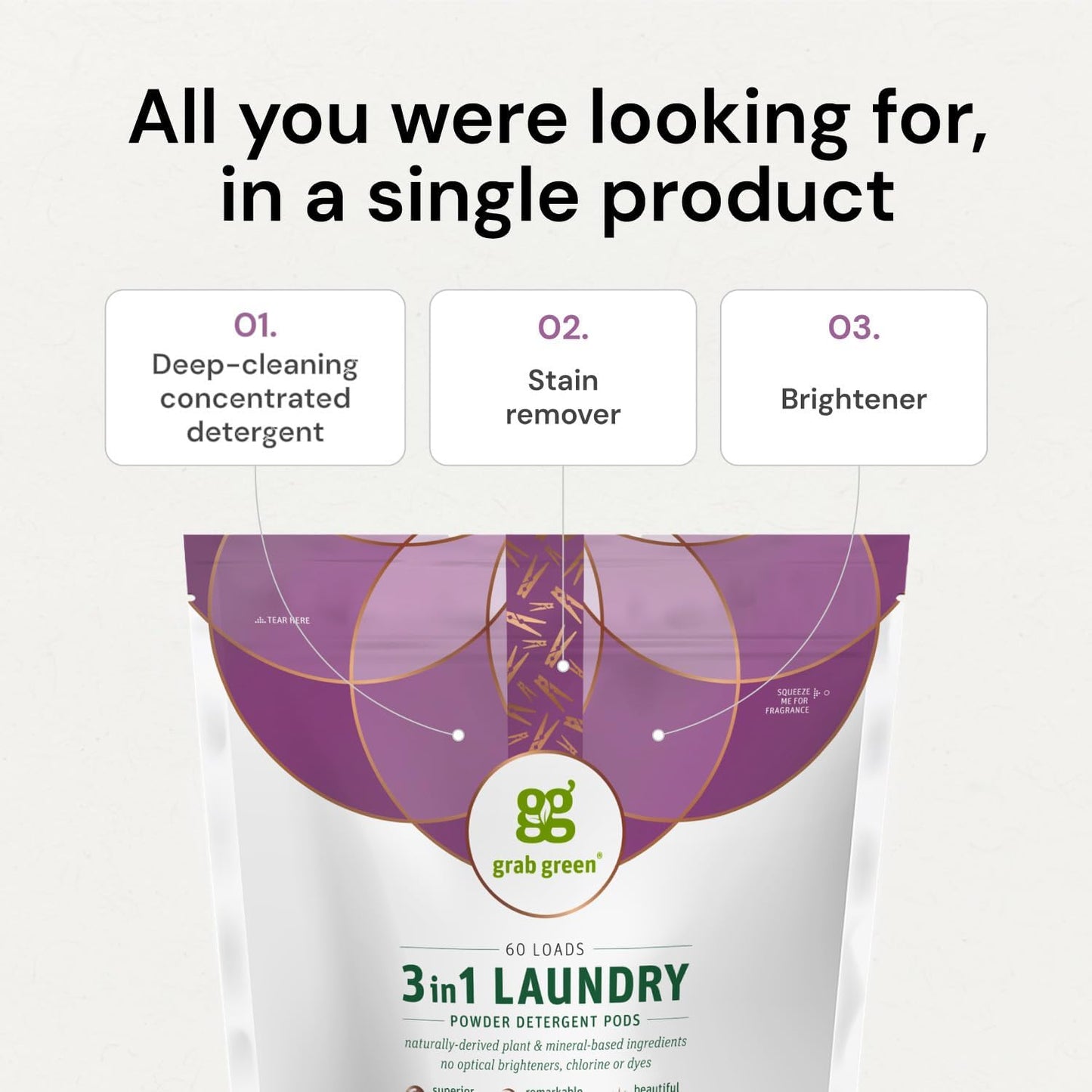 Grab Green 3-in-1 Laundry Detergent Pods, 132 Count, Fragrance Free, Plant and Mineral Based, Superior Cleaning Power, Stain Remover, Brightens Clothes