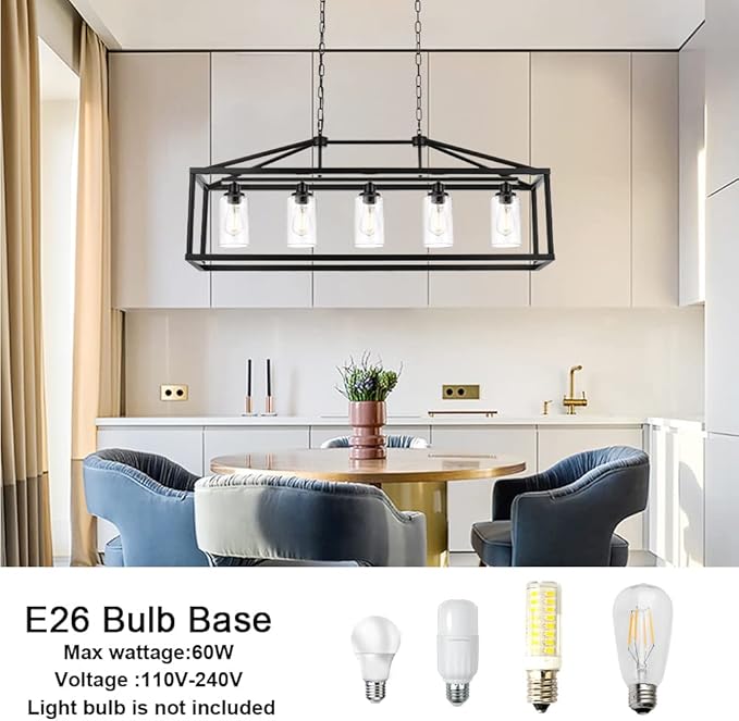 BONLICHT 5 Light Farmhouse Chandelier Ceiling Hanging Dining Room Lighting Fixtures Matte Black Modern Pendant Lighting Industrial Rectangular Kitchen Island Chandelier Fixture with Seeded Glass Shade