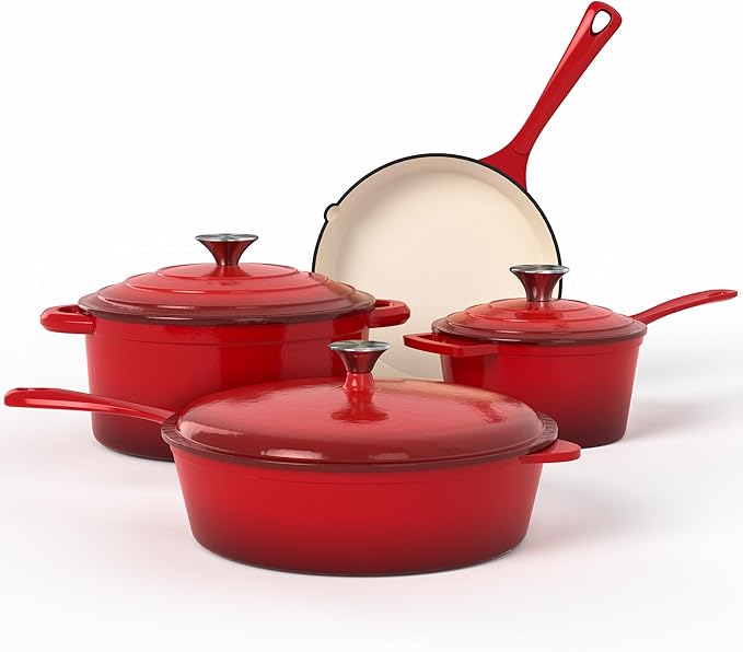 Kitchen Academy Enameled Cast Iron Cookware Sets - 7Pcs Pots and Pans Set Non Stick & Non Toxic, Induction Dutch Oven Set, PFOA&PFAS Free