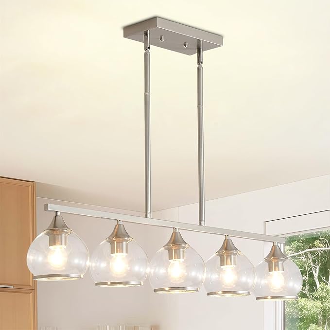 5 Light Round Linear Chandelier Nickel Modern Glass Hanging Light Minimalist Clear Kitchen Chandeliers Hight Adjustable for Dining Room Island Living Room (Nickel)