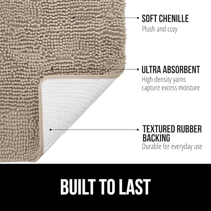 GORILLA GRIP Plush Absorbent Shaggy Chenille Bath Rug Mat for Square Toilet Base with Rubber Backing, Machine Washable Rugs, Soft Microfiber Contour Mats for Toilets, Bathroom Decor, Gray Beige