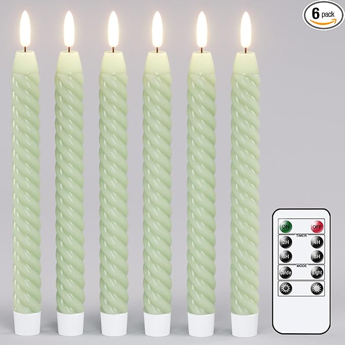Flameless Taper Candles Green Pastel Flickering with Remote Timer, Battery Operated Warm 3D Wick LED Spiral Candles 6 Pack 9.8" Real Wax Wedding Home Birthday Spring Decor