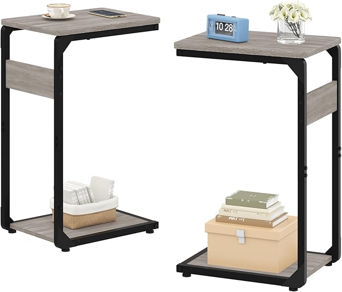 Narrow C-Shaped End Tables, Sofa TV Trays Set of 2, Tray Table Small Couch Side Table for Living Room, Bedroom, Bedside ET-YB-GY2