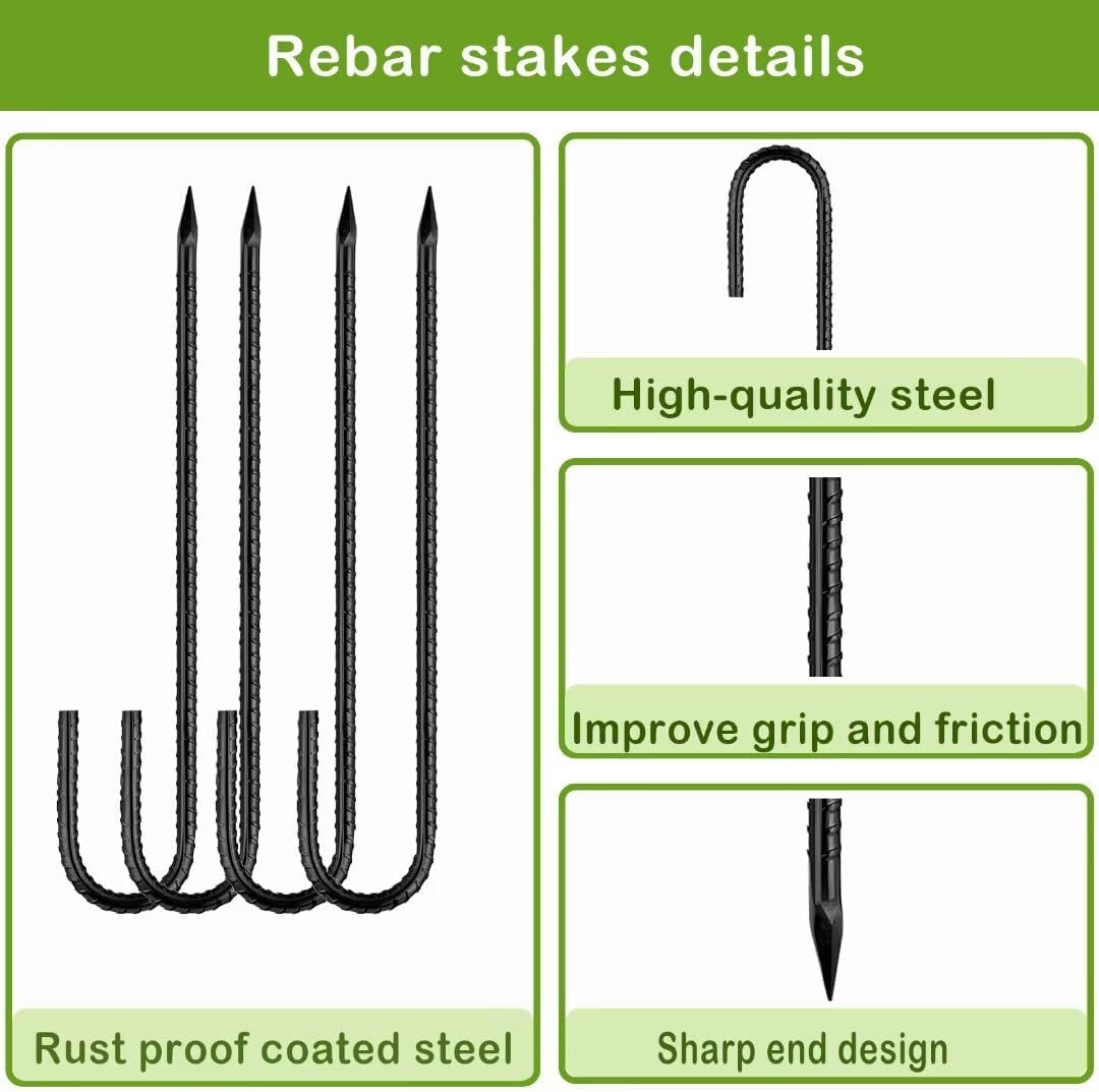 Ground-Stakes-Heavy-Duty-12 inch, J-Hook Rebar Stakes Black Coated Anti-Rust 10pcs Garden Stakes Metal Ground Anchors for Garden Dog Fence Chicken Coop Christmas Decorations Deer Fence